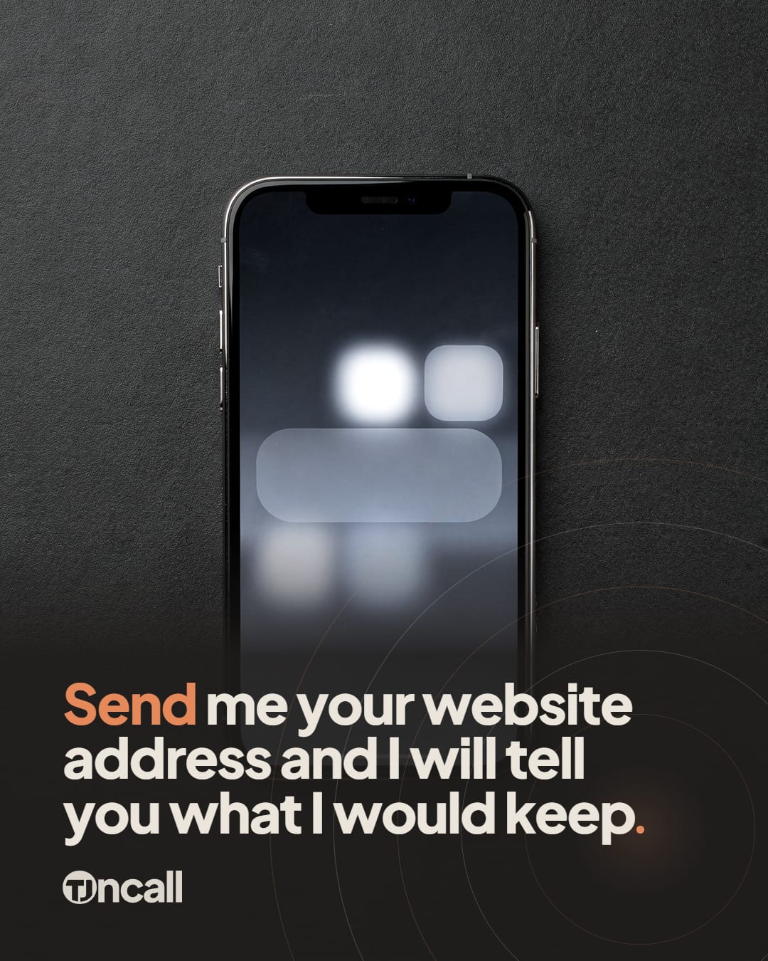 Generated prop photo for: Shoot the phone at night, with the post's hook set over it in the brand type on a charcoal wash, carrying the brand signature: the hook's final period set as the glowing Signal dot with arcs radiating from it, and one word of the hook in Signal