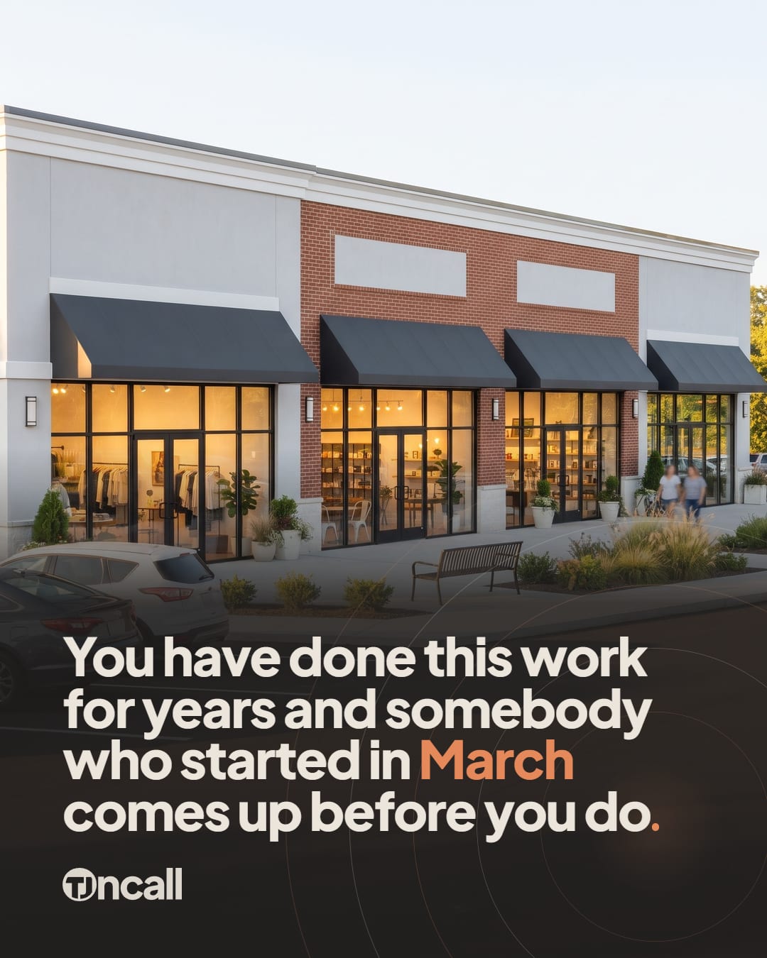 Generated prop photo for: Shoot a row of storefronts, with the post's hook set over it in the brand type on a charcoal wash, carrying the brand signature: the hook's final period set as the glowing Signal dot with arcs radiating from it, and one word of the hook in Signal